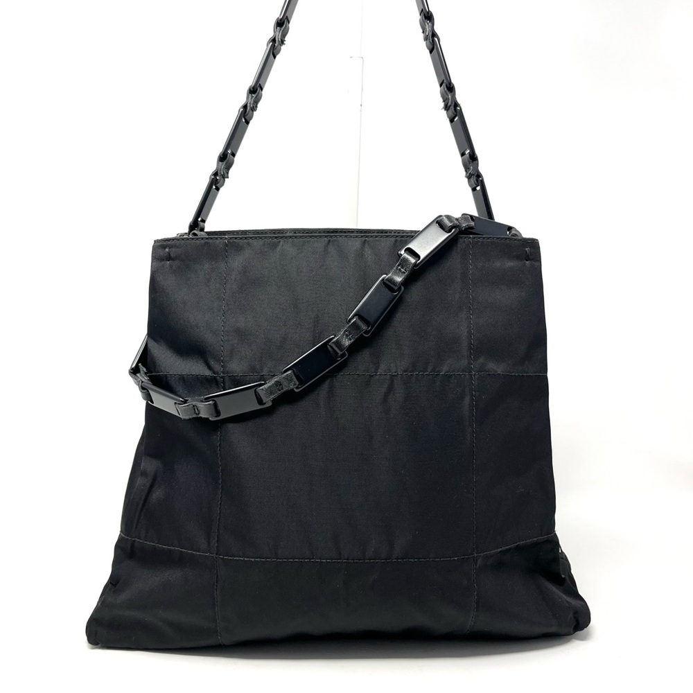 Vintage Prada Black Tessuto Nylon Triangle Logo Shoulder Bag Tote Chain Handle - Picture 3 of 13